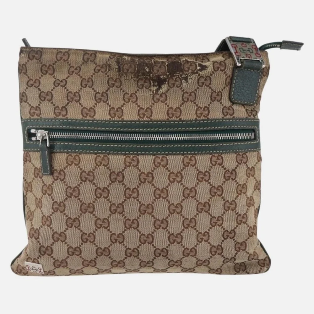 Gucci Beige Brown GG Canvas Messenger Bag with Green-Red Strap